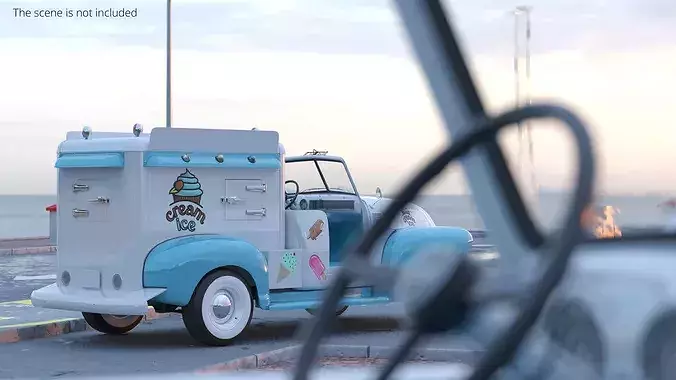 Vintage Ice Cream Van Rounded Body White Blue 3D model 3