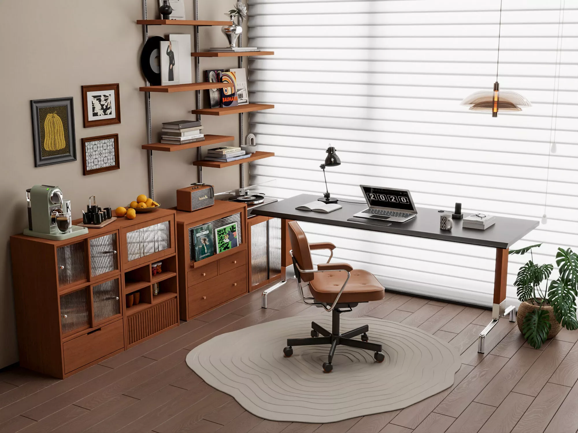 Warm Wood Style Home Office Interior Scene Asset 3D model