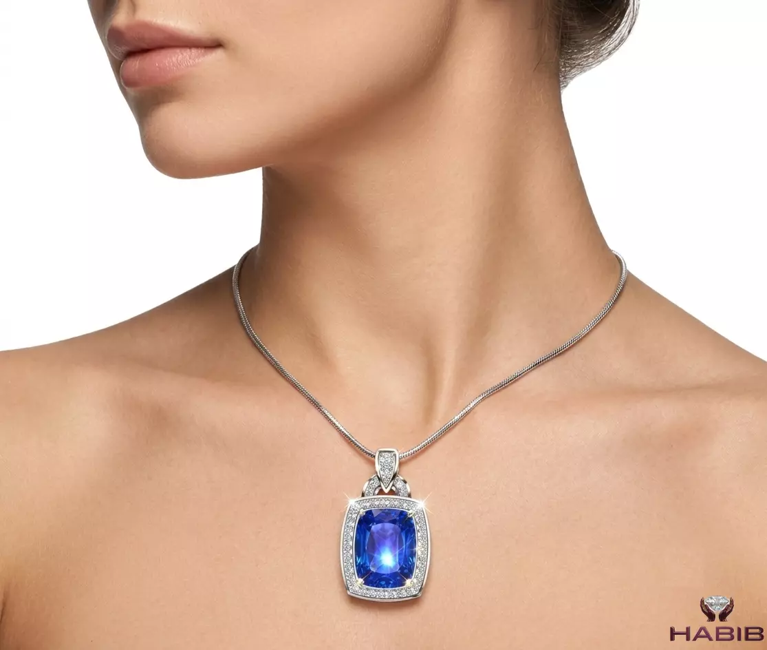 Luxury 18K Gold Cushion Blue Sapphire Diamond Halo Pendant 3D print model
