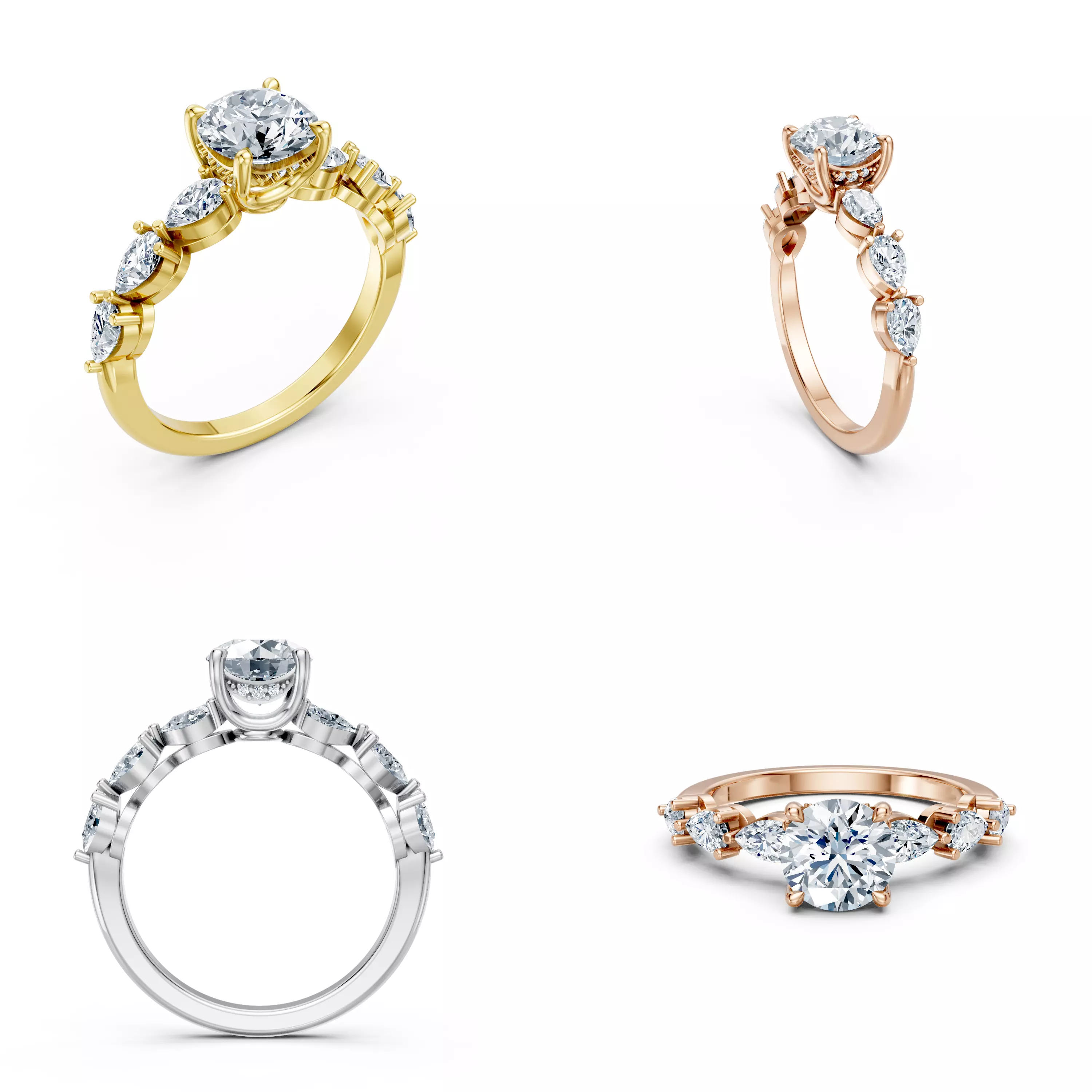 Three Stone Hidden Halo Diamond Ring CAD Model STL 3DM Jewelry 3D print model