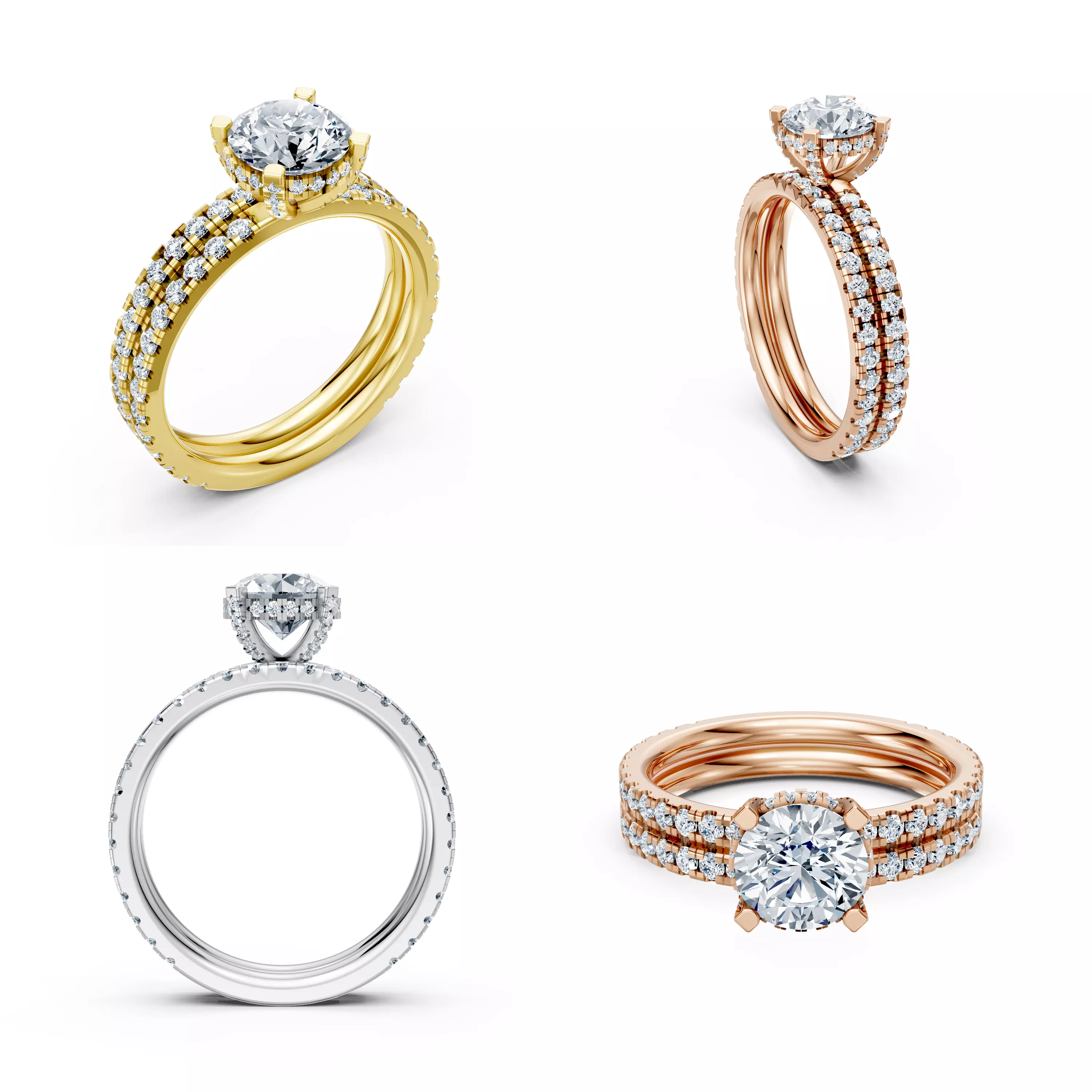 Triple Row Diamond Halo Bridal Ring Set CAD Model STL 3DM File 3D print model