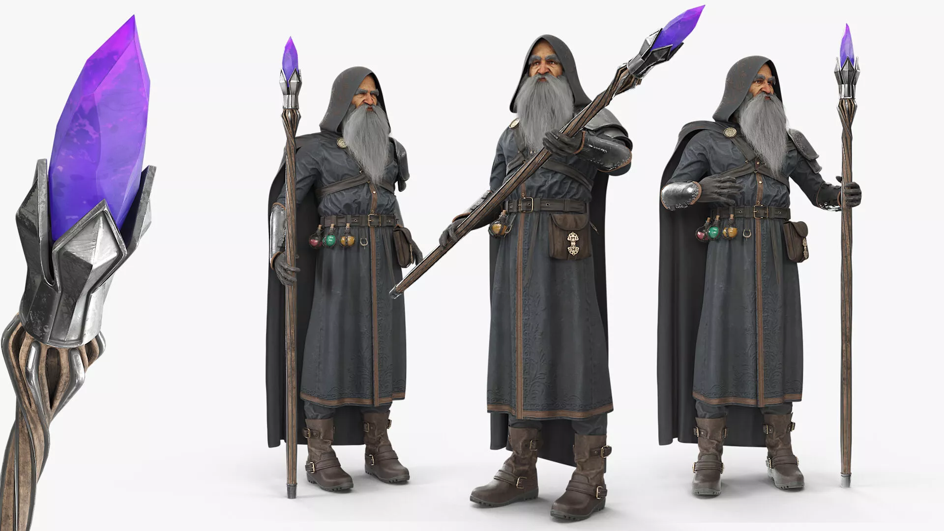 Hooded Wizard with Crystal Staff Standing Rigged 3D model