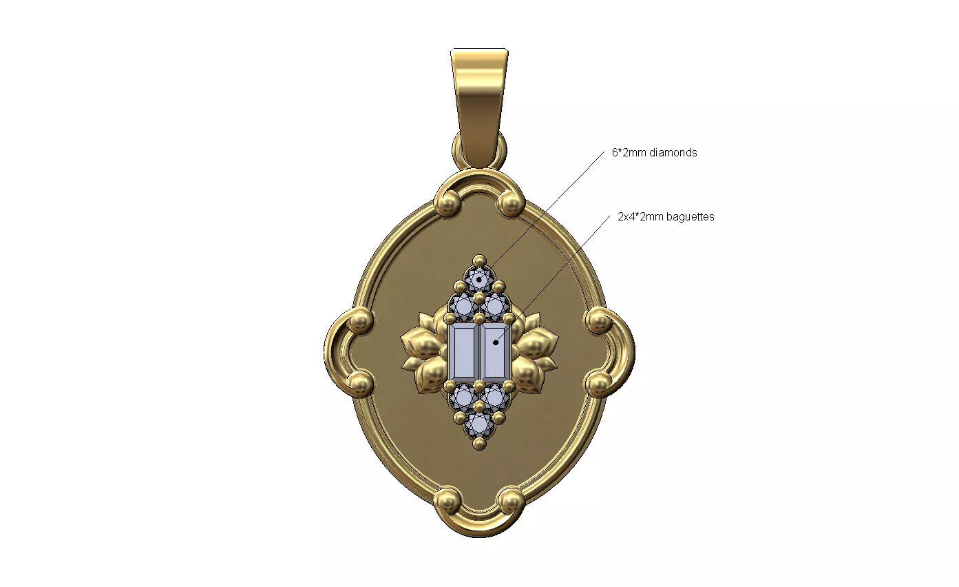 Carved arc oval diamond baguette lotus cluster pendant 3D print model