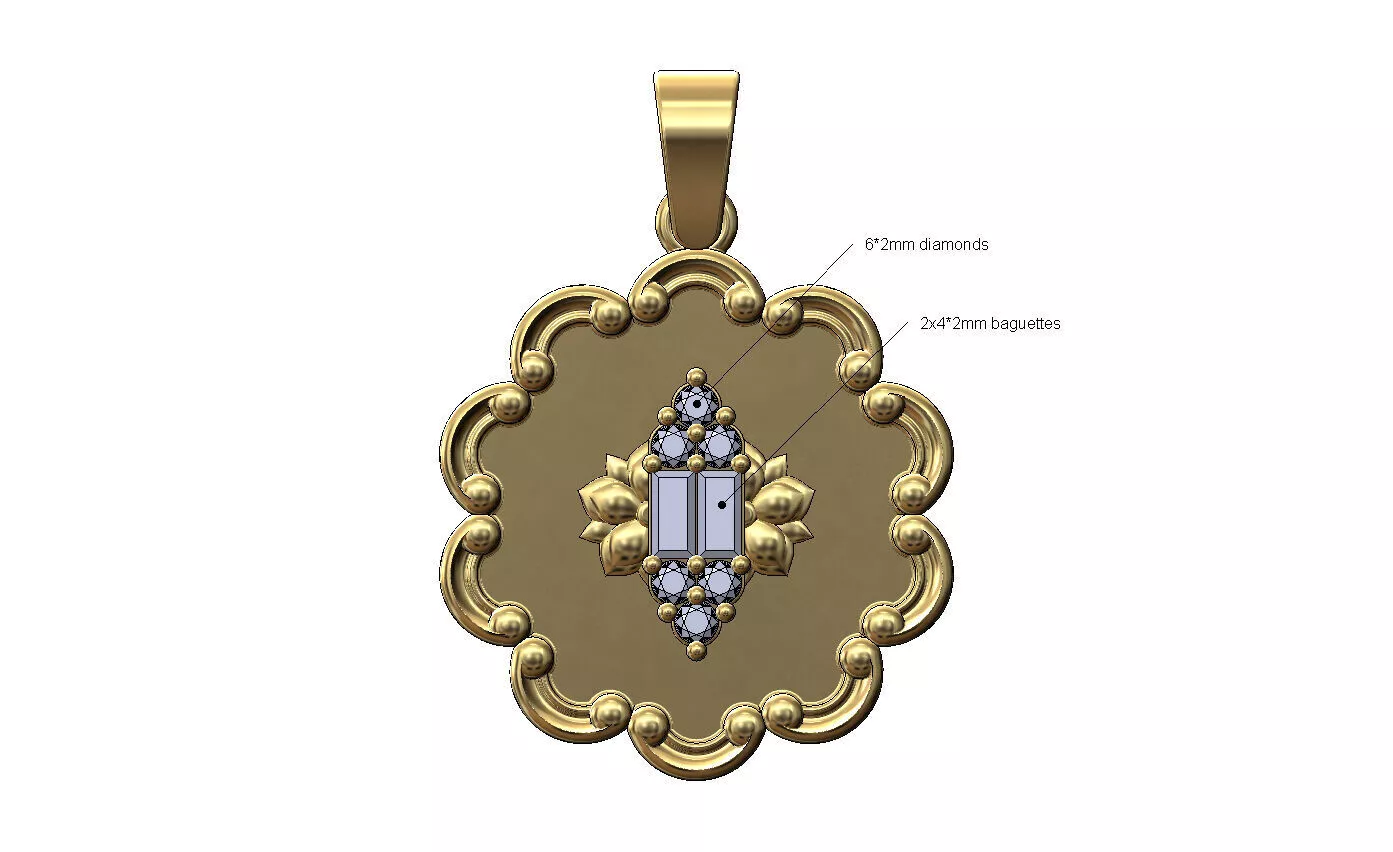 Carved arc round diamond baguette lotus cluster pendant 3D print model