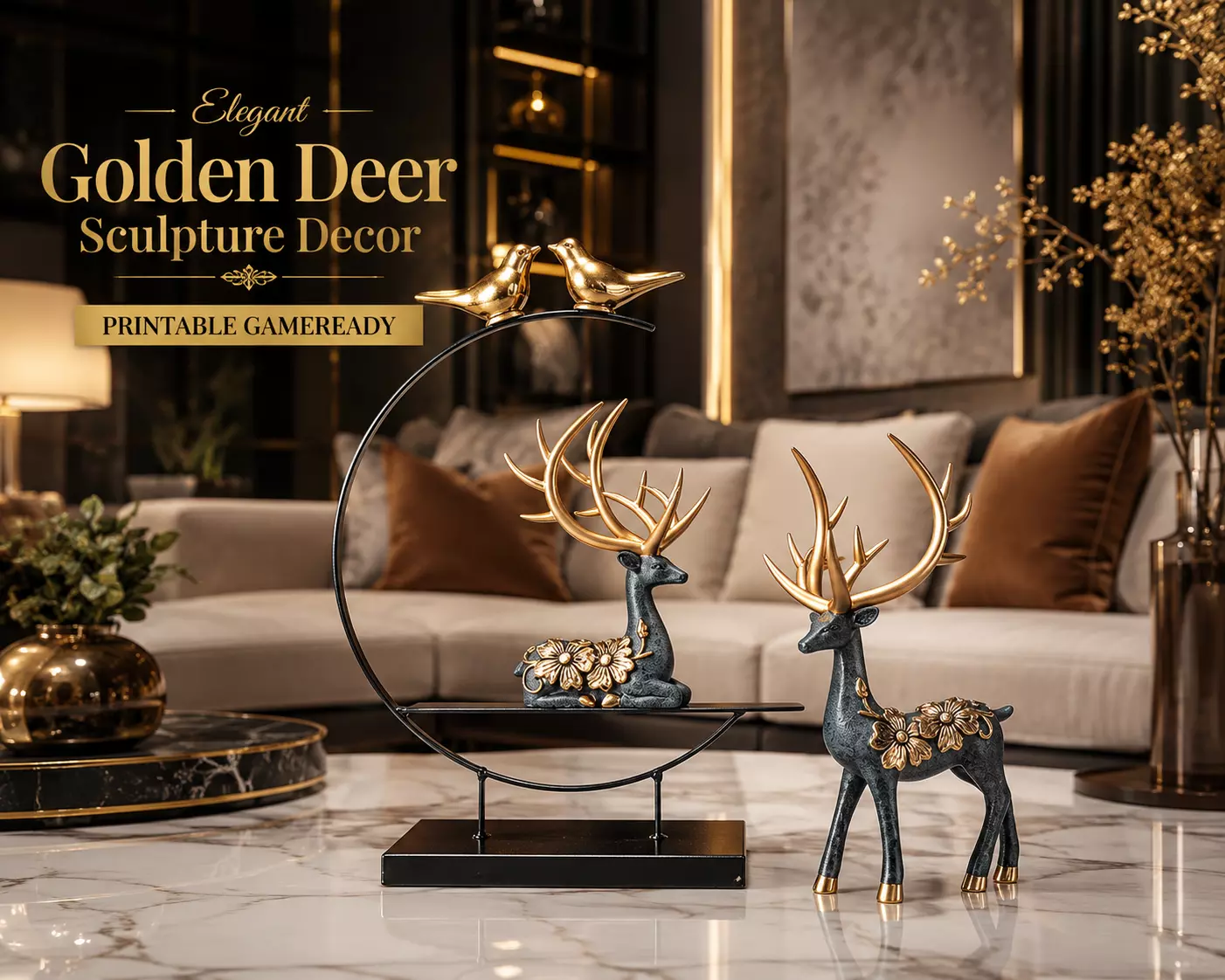 Elegant Golden Deer Sculpture Luxury Modern Home Decor 3D print model