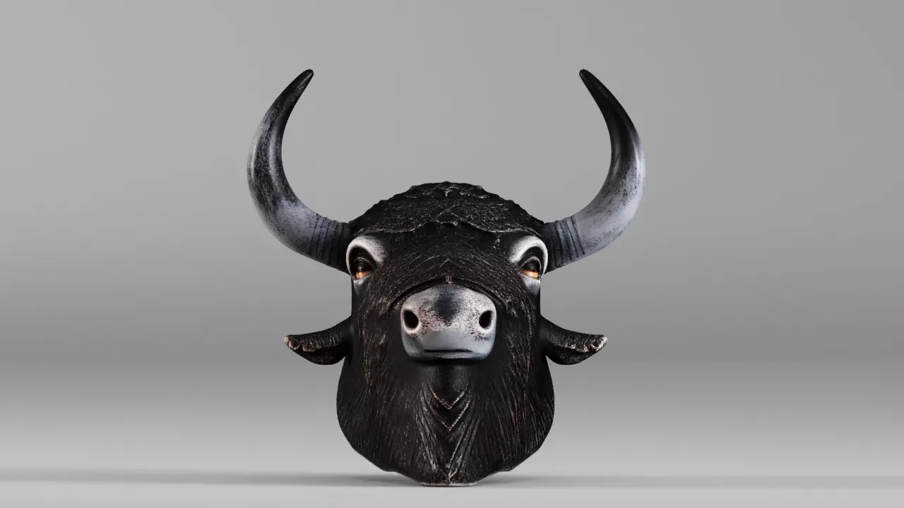 S00250 Dark Bull Head with Glowing Eyes and Curved Horns 3D model