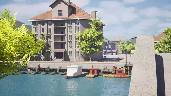 Coastal Town With Canals and Greenery 3D model 3