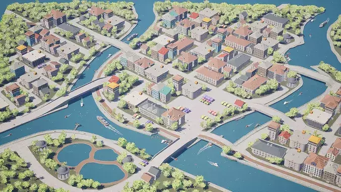 Coastal Town With Canals and Greenery 3D model