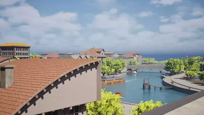 Coastal Town With Canals and Greenery 3D model 2