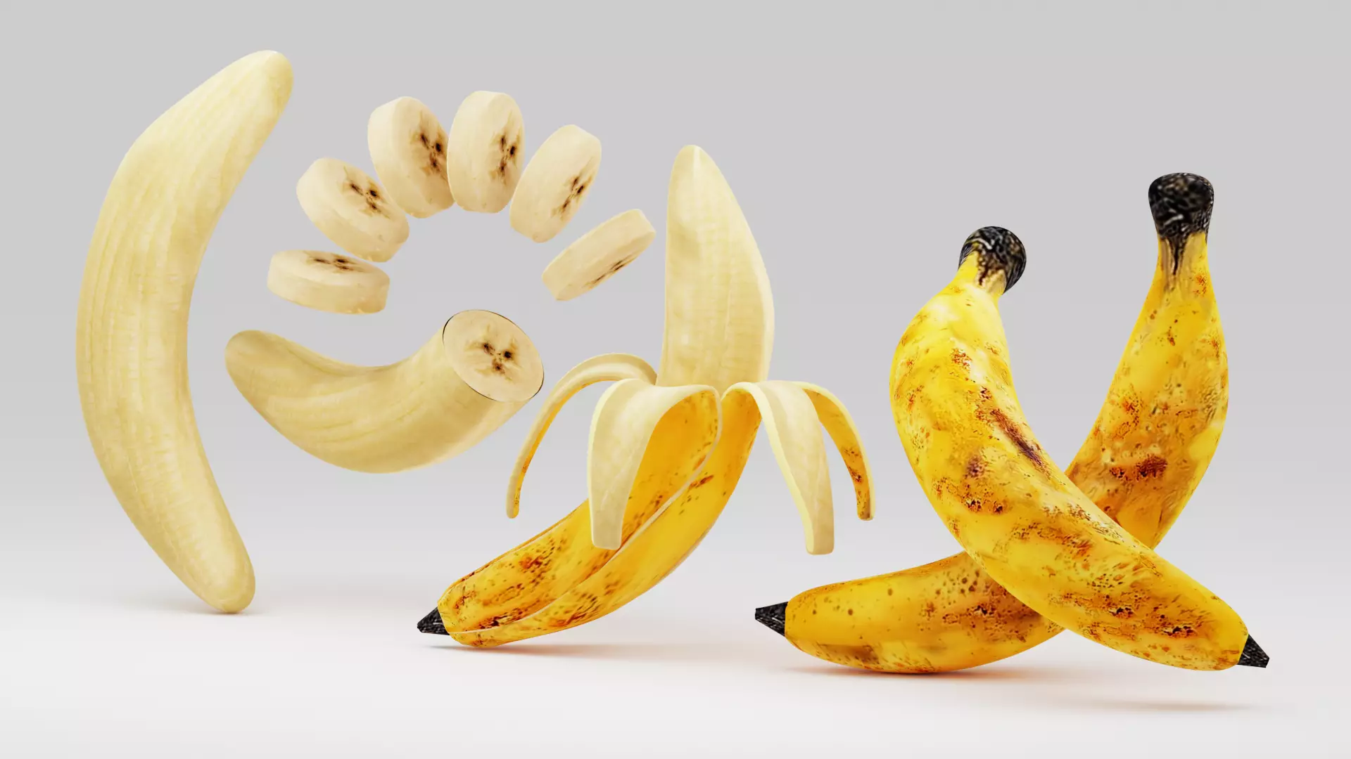 Banana Fruit Pack with Slices Low-poly 3D model