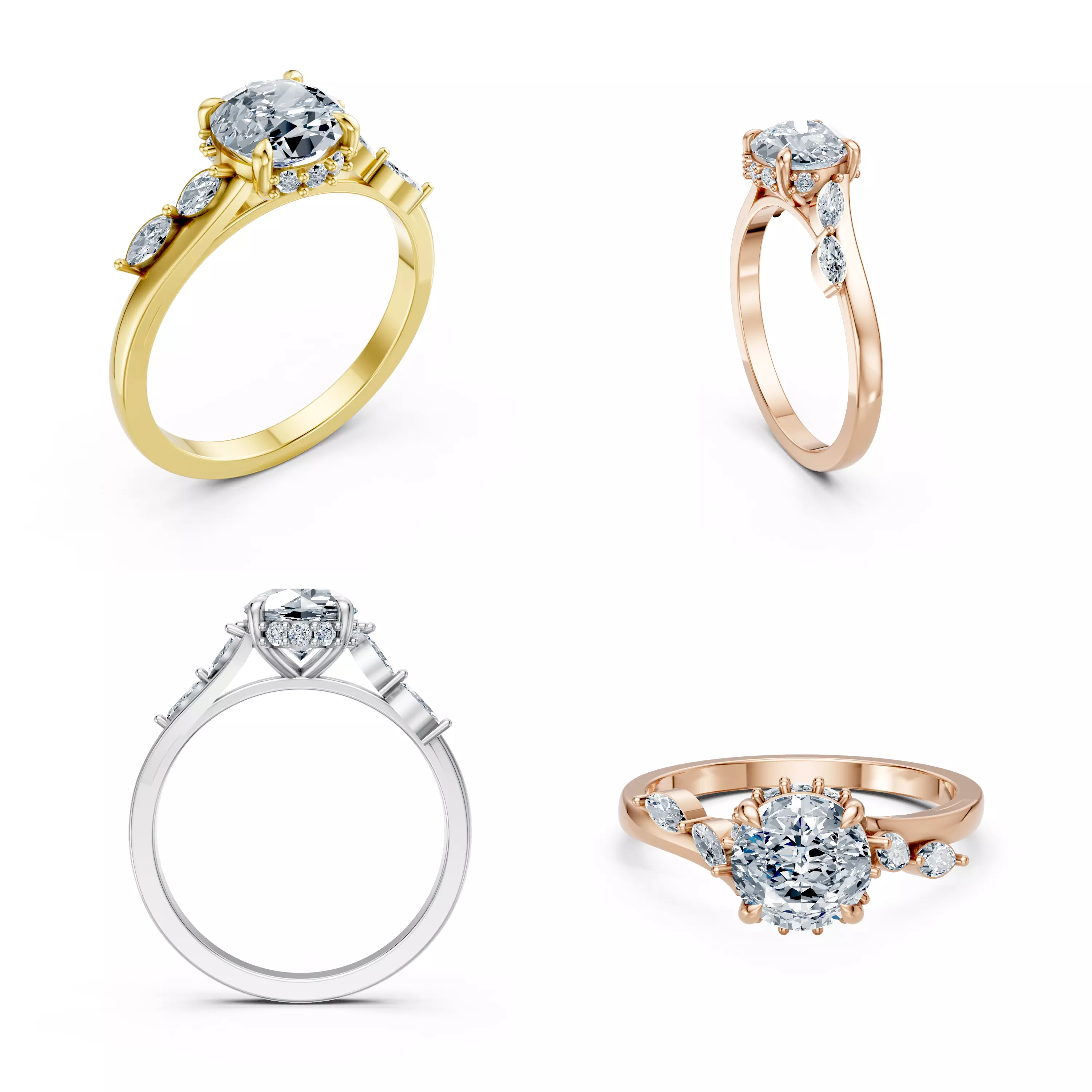 Hidden Halo Three Stone Diamond Ring CAD Model STL 3DM File 3D print model