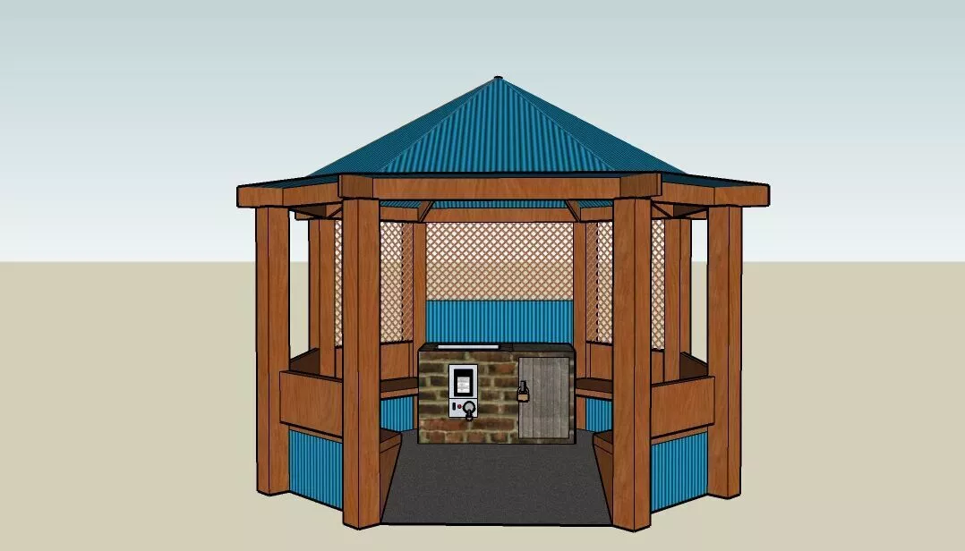 Hexagonal Wooden Gazebo with Outdoor Kitchen and BBQ Counter 3D model