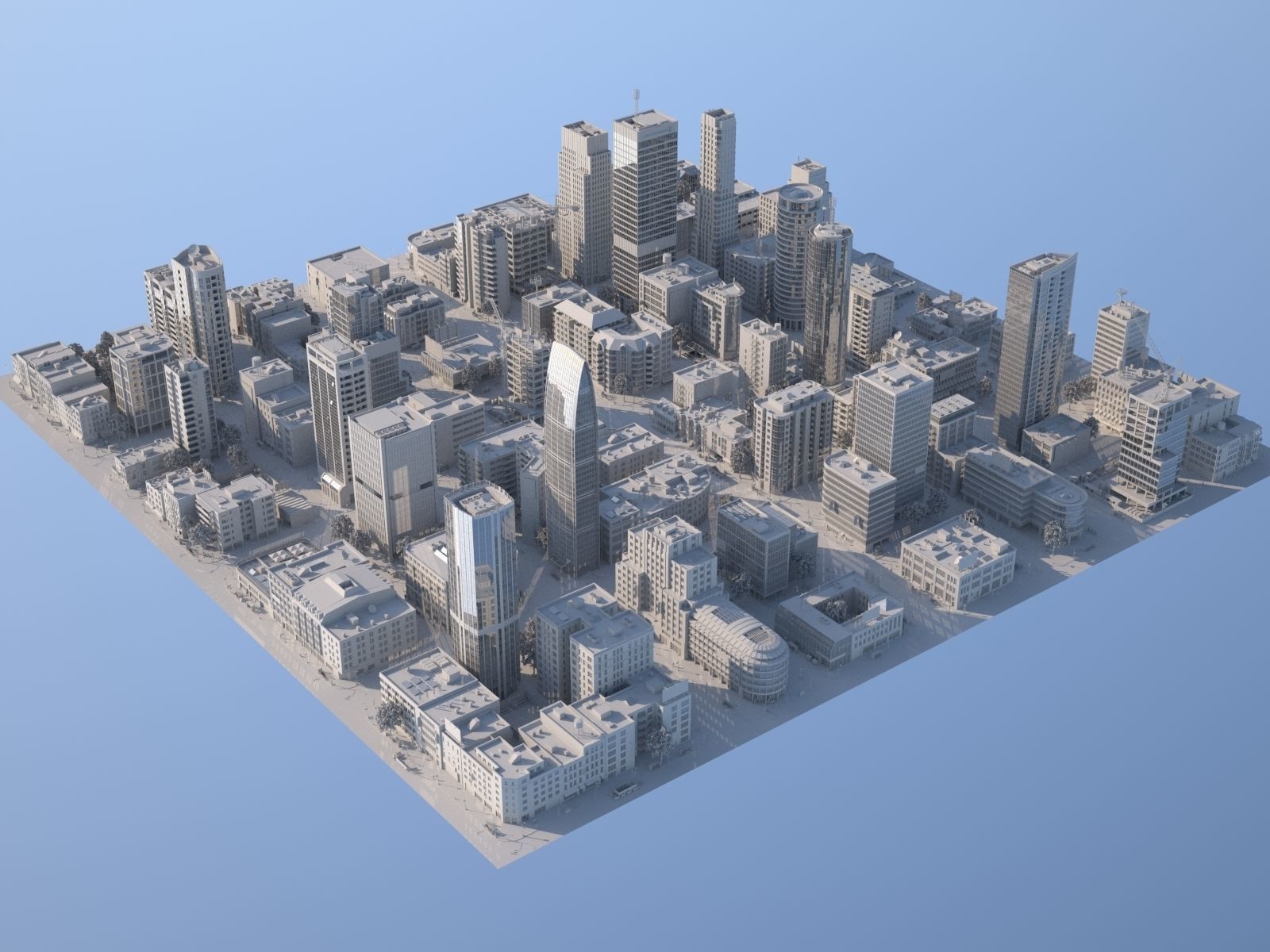 Downtown city in sky Low-poly 3D model_0