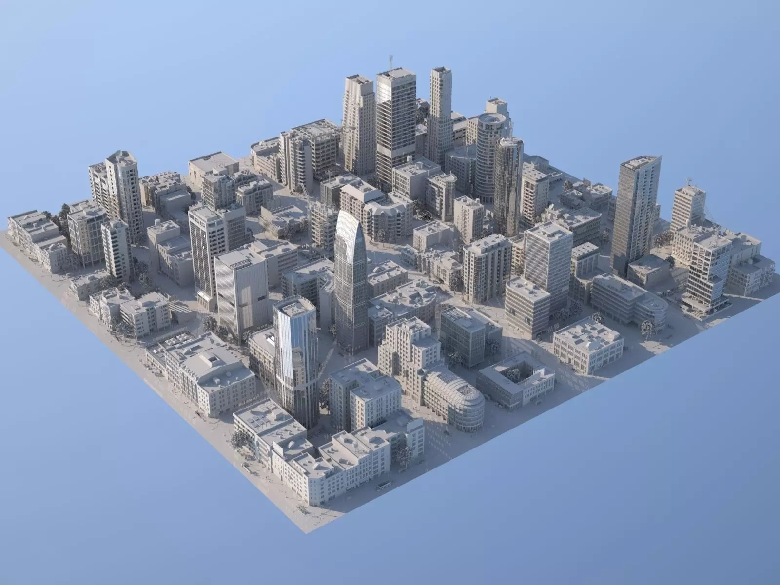 Downtown city in sky Low-poly 3D model_0