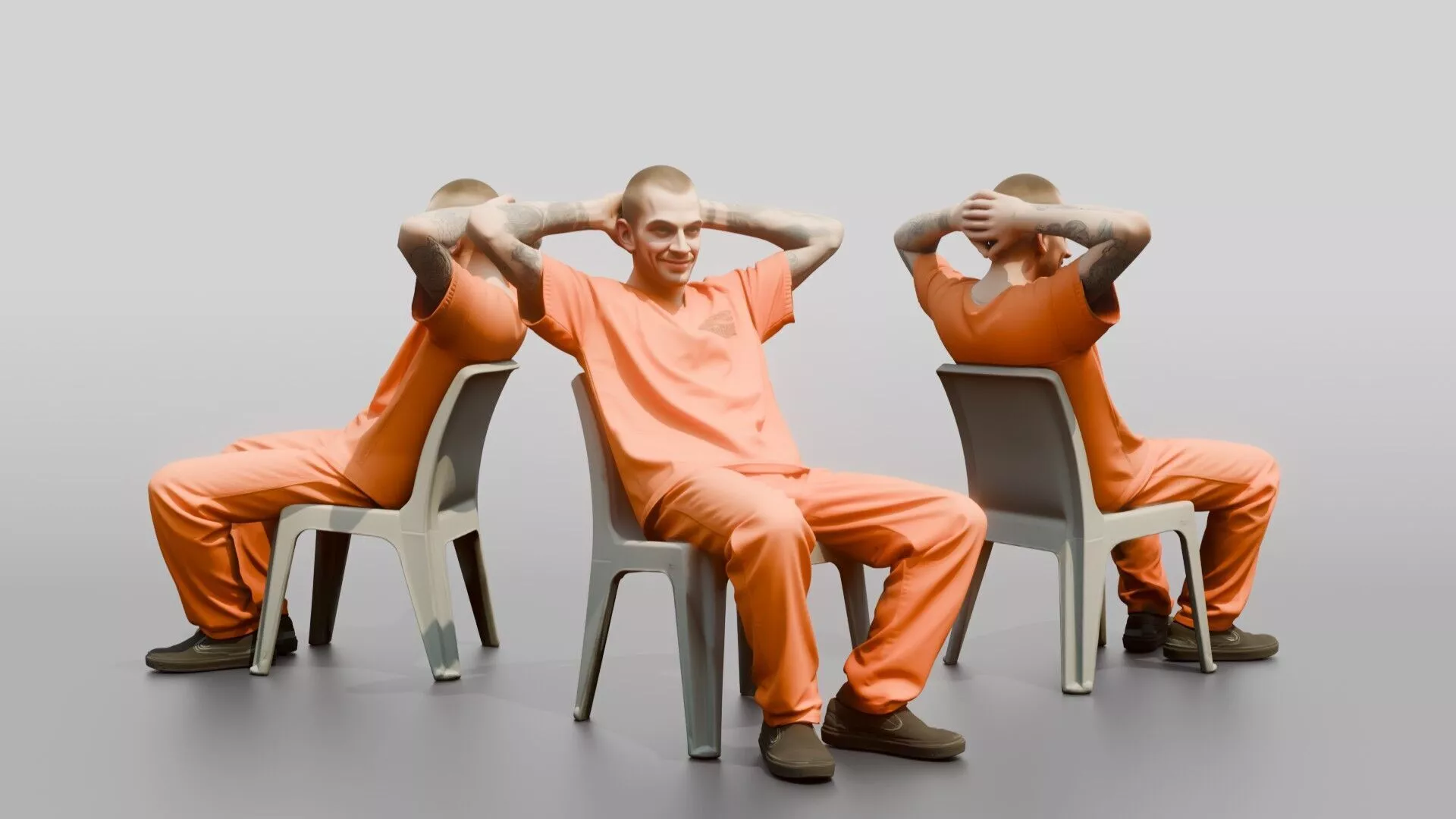 Caucasian Male Prisoner Leaning Back in a Hard Plastic Chair 3D model