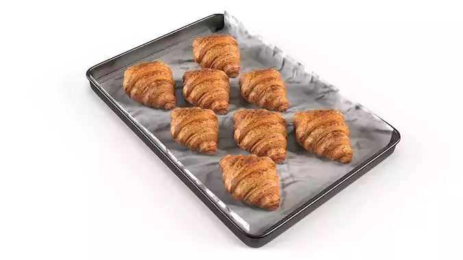 Fresh Baked Croissant in Metal Tray 3D model