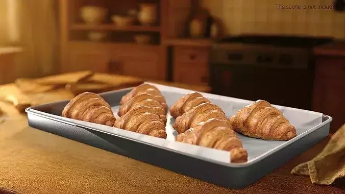 Fresh Baked Croissant in Metal Tray 3D model 2