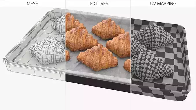 Fresh Baked Croissant in Metal Tray 3D model 5