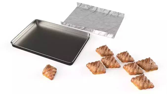 Fresh Baked Croissant in Metal Tray 3D model 4