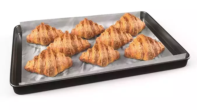 Fresh Baked Croissant in Metal Tray 3D model 3