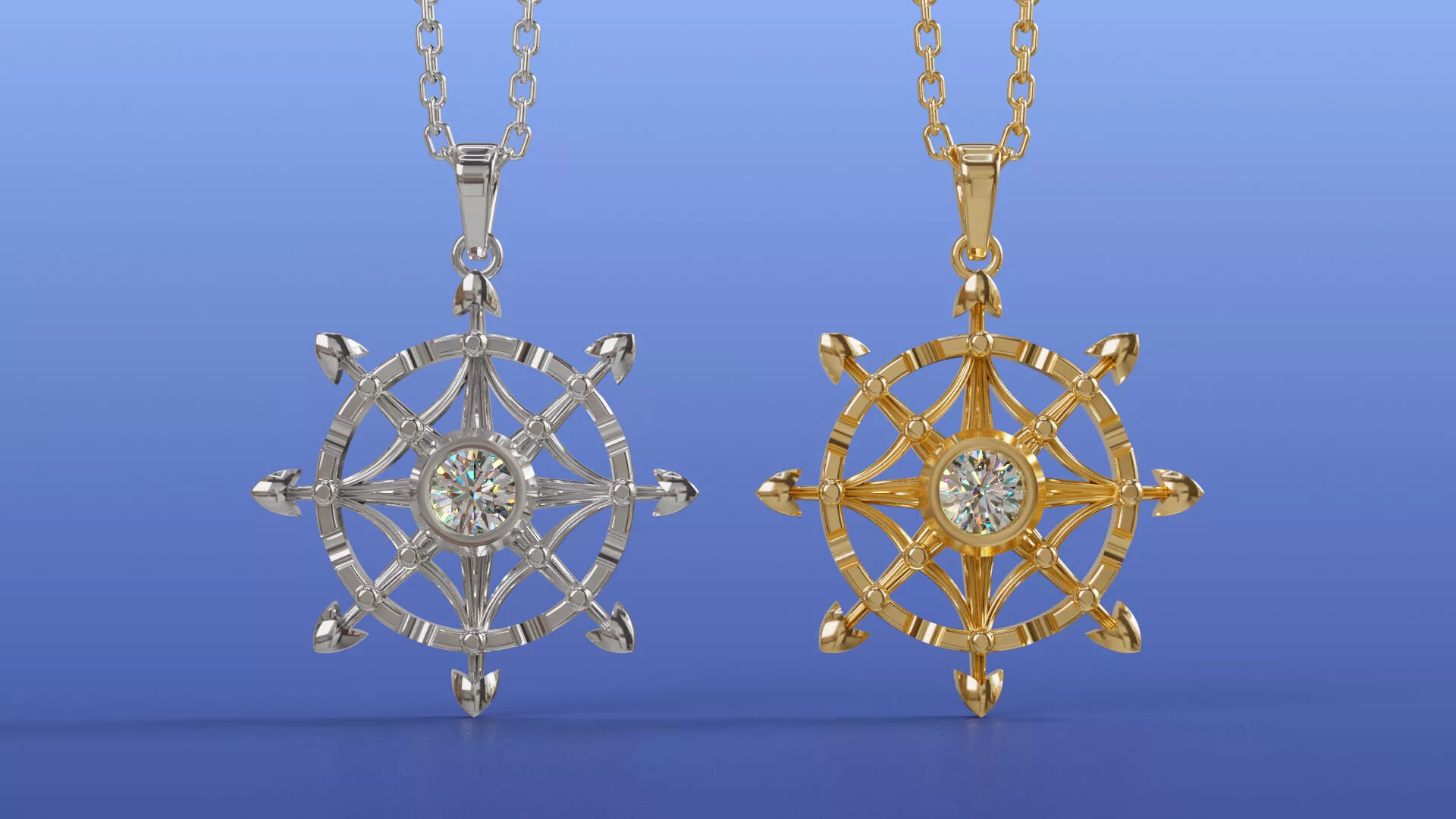 Dharma Chakra Diamond Pendant 8-Spoke Wheel of Dharma Necklace 3D print model