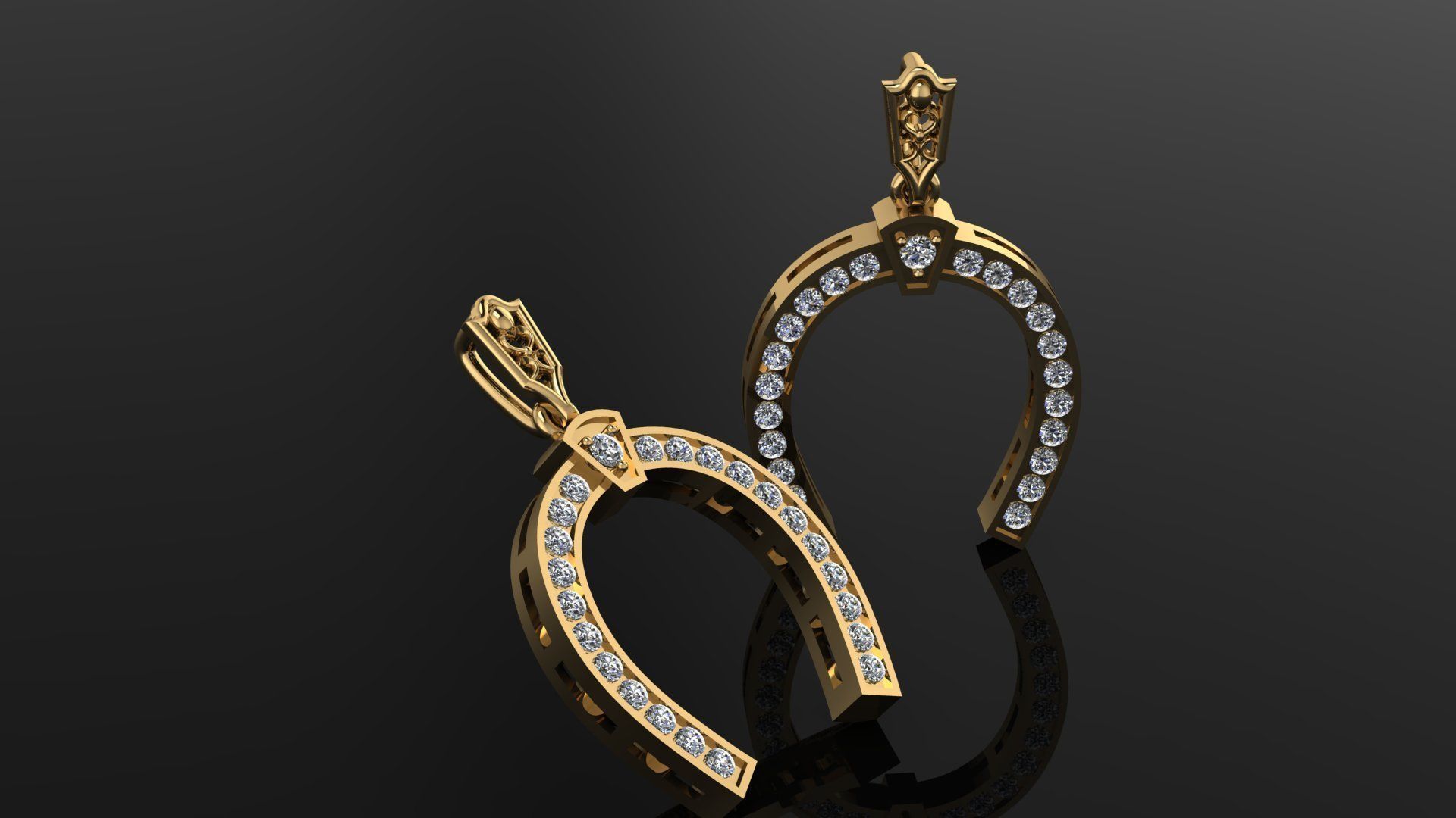 Pendant two gold horseshoe earrings with diamonds 3D print model_1