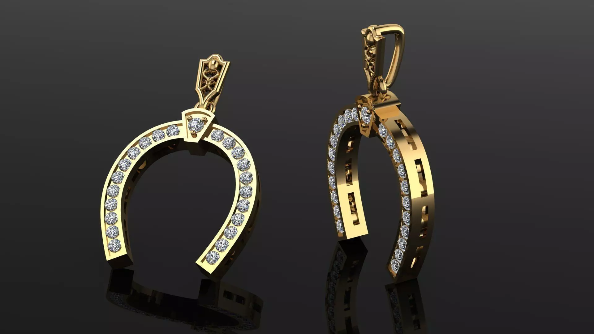 Pendant two gold horseshoe earrings with diamonds 3D print model_0