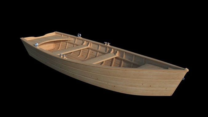 Wooden flat bottom rowing boat 3D model