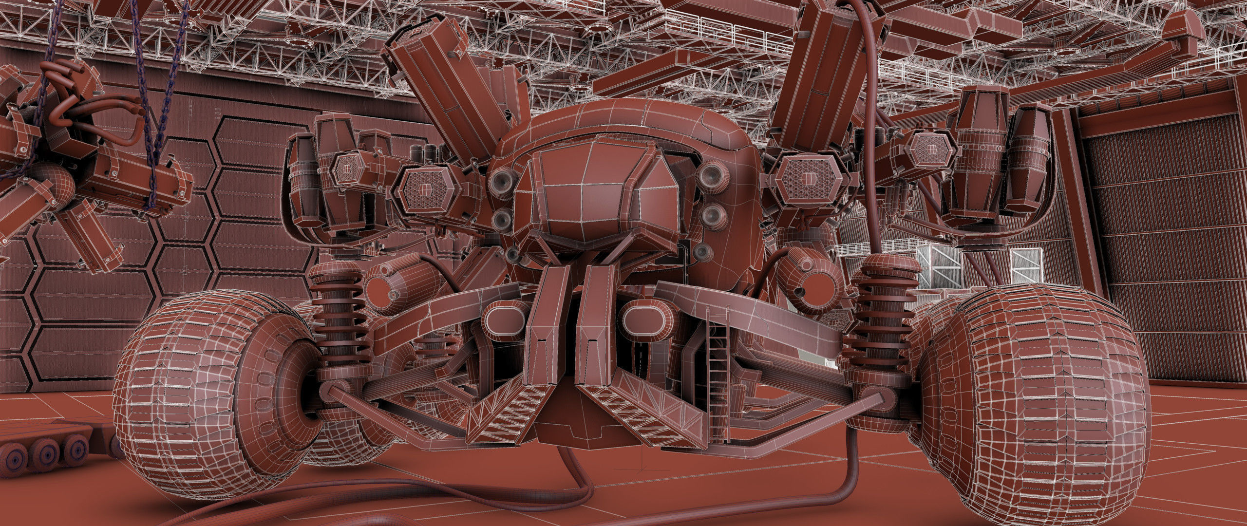 The harvester futuristic vehicle in factory 3D model_4