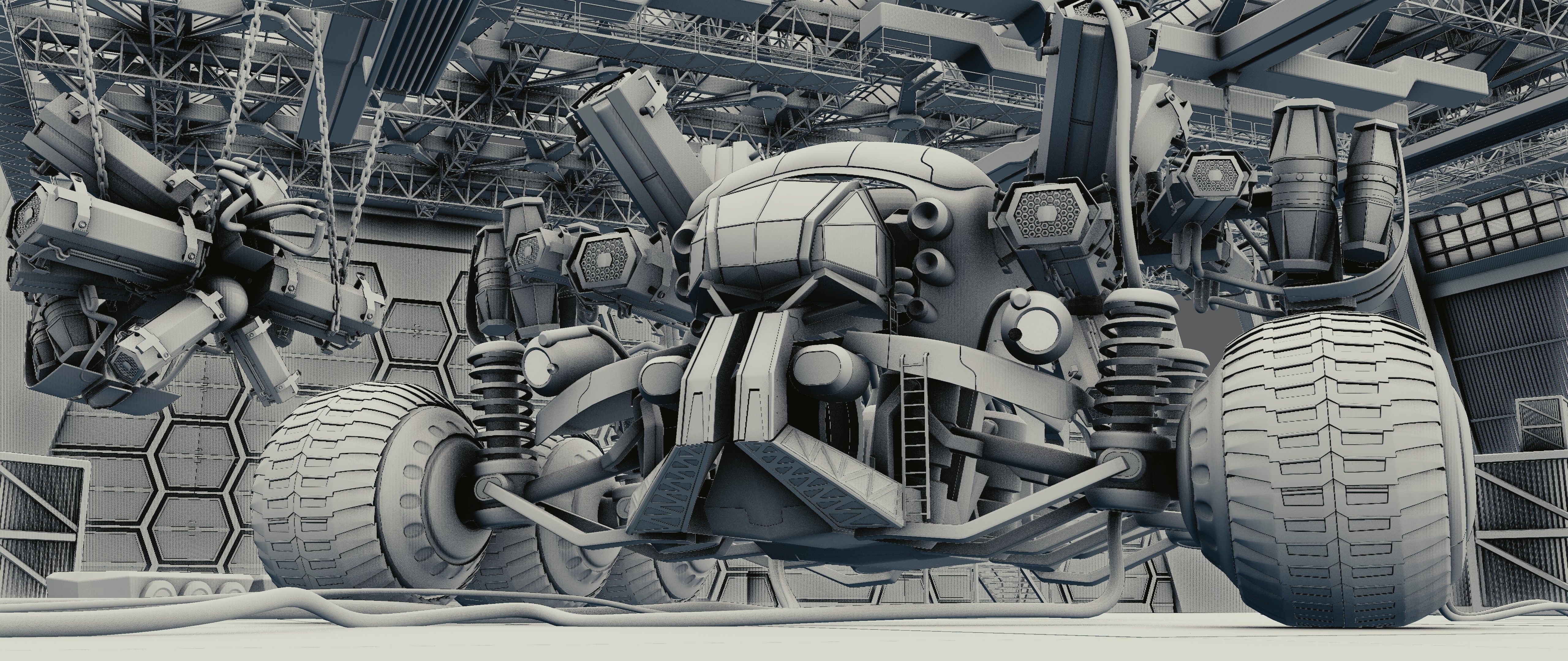 The harvester futuristic vehicle in factory 3D model_8