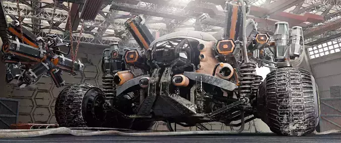 The harvester futuristic vehicle in factory 3D model