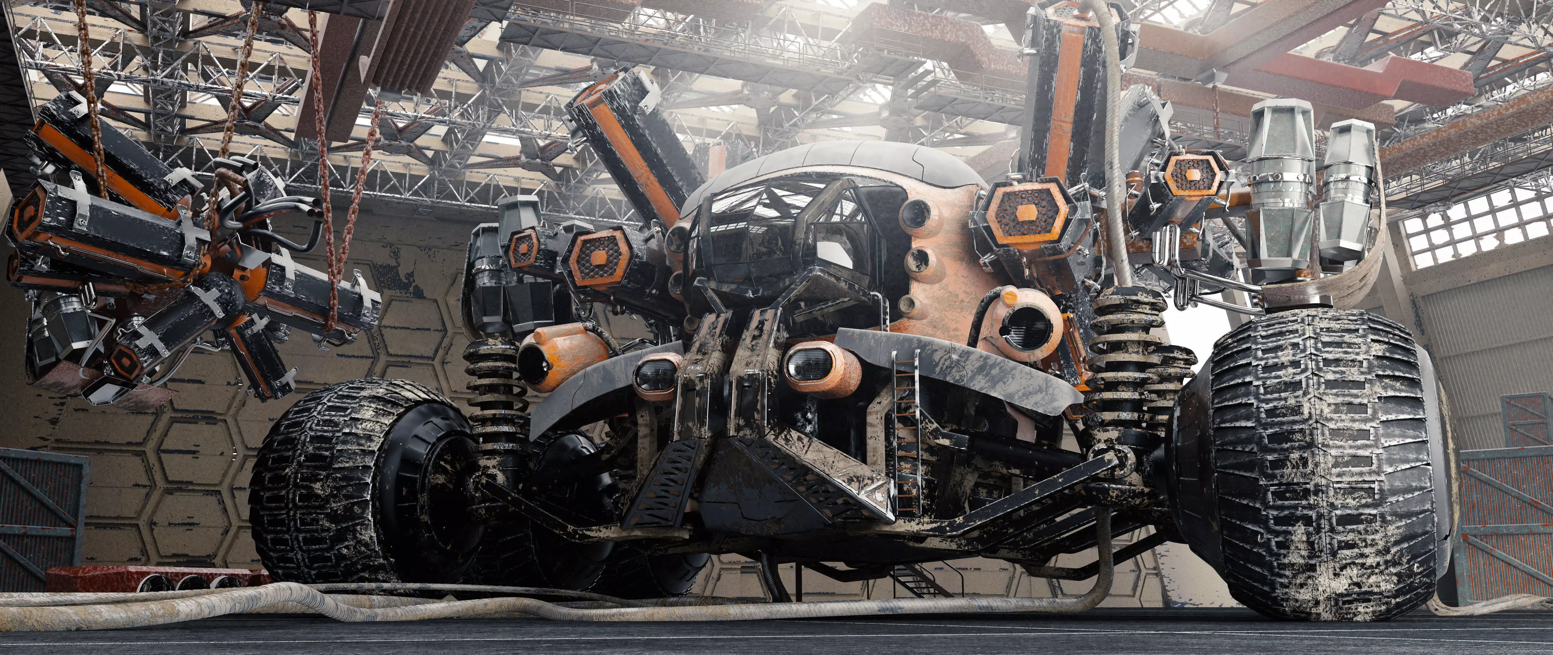 The harvester futuristic vehicle in factory 3D model_0