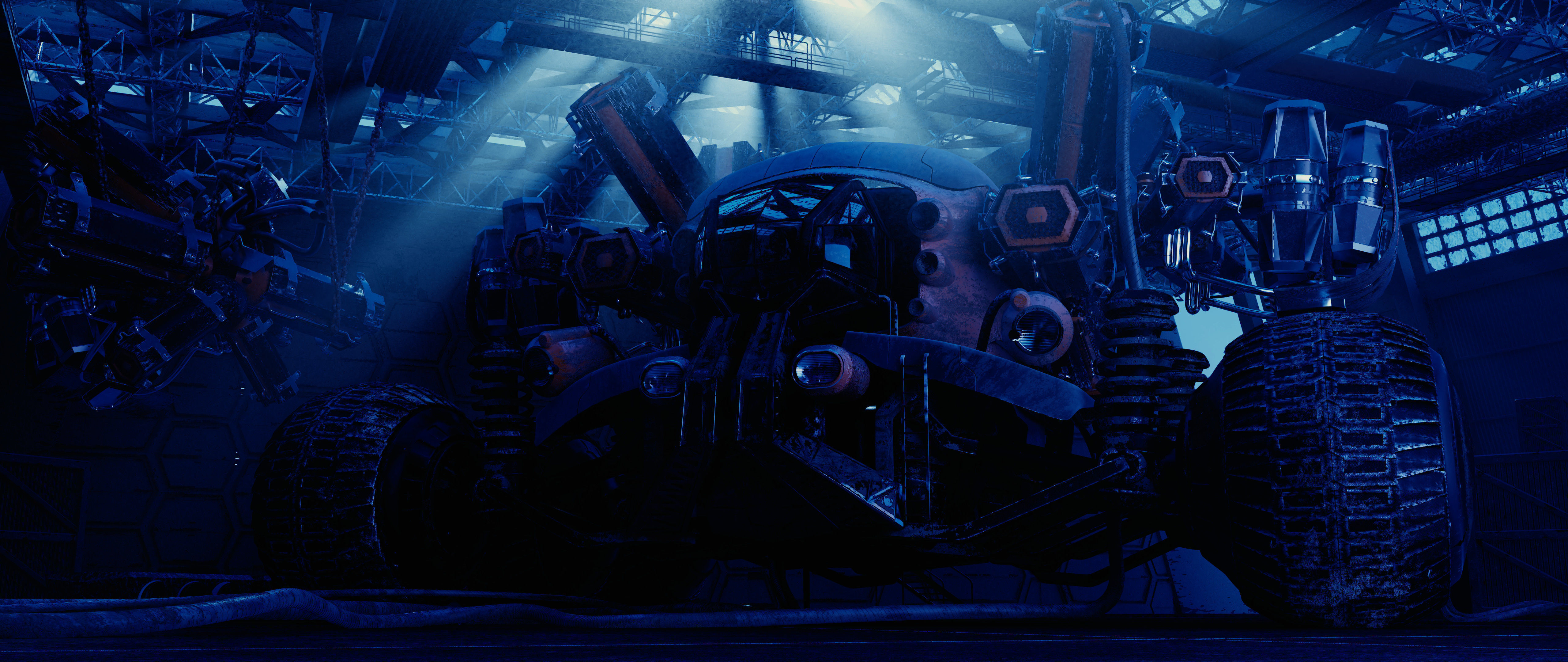 The harvester futuristic vehicle in factory 3D model_3