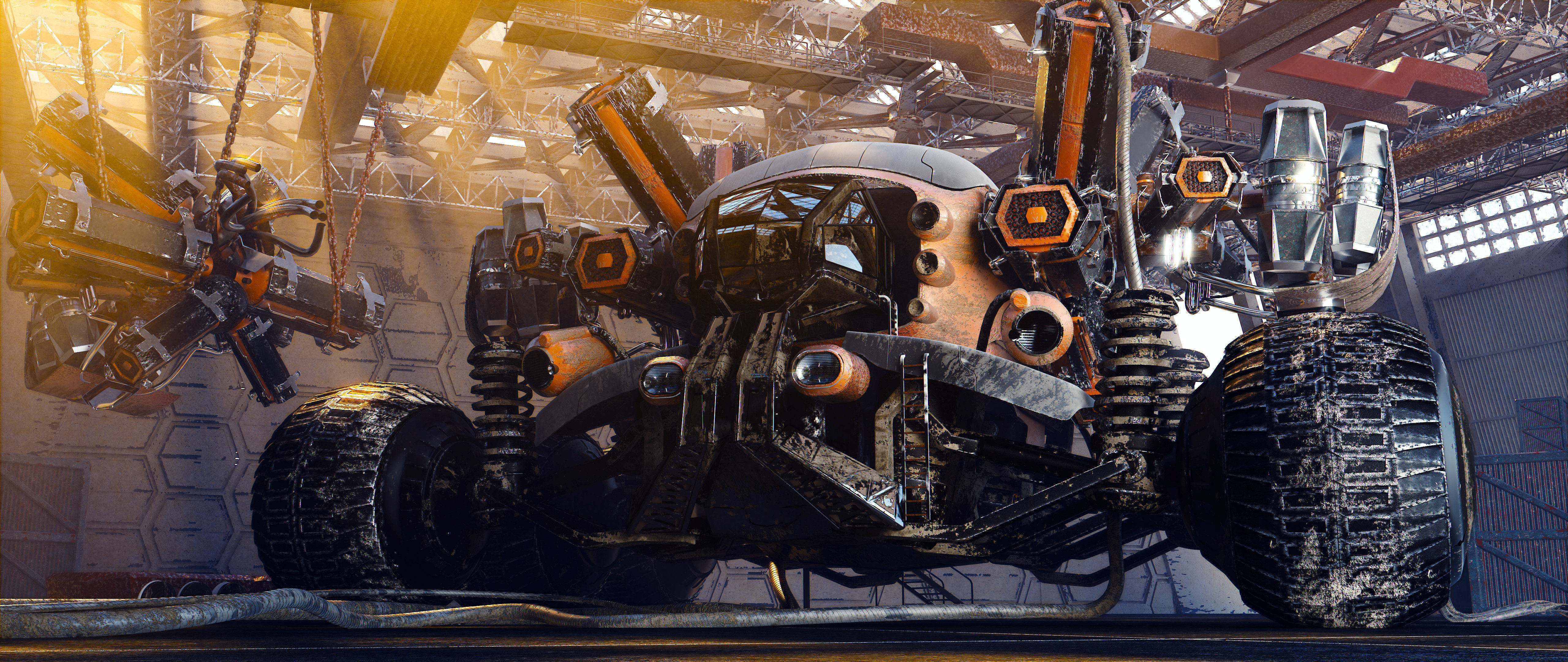 The harvester futuristic vehicle in factory 3D model_1