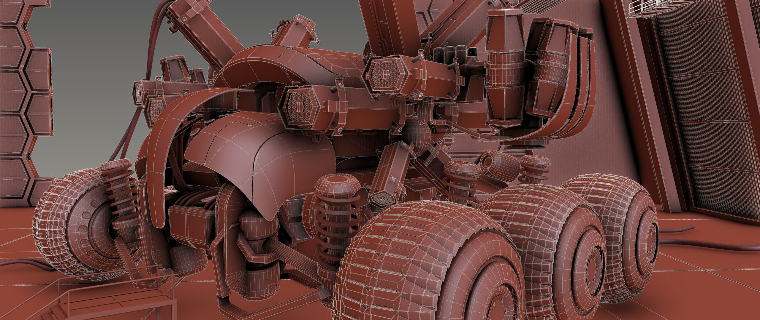 The harvester futuristic vehicle in factory 3D model_6