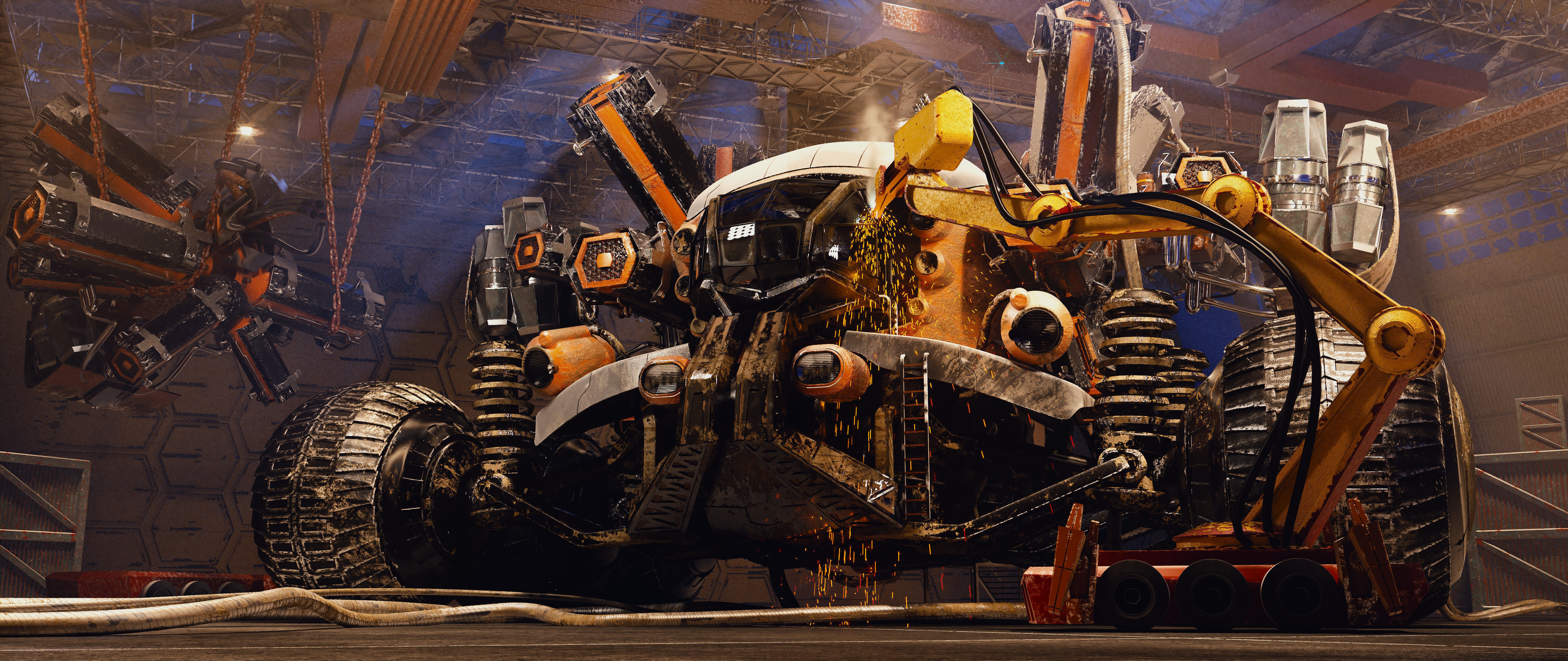 The harvester futuristic vehicle in factory 3D model_2