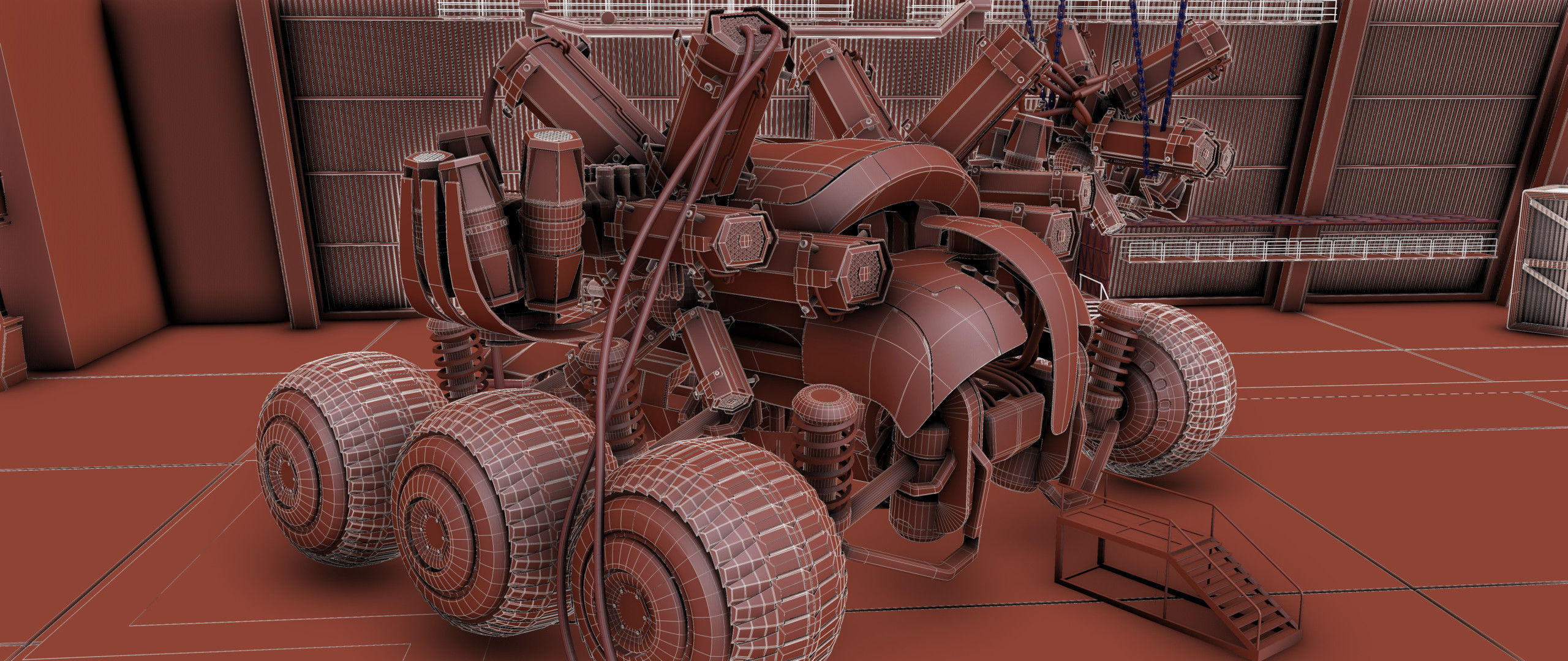 The harvester futuristic vehicle in factory 3D model_7