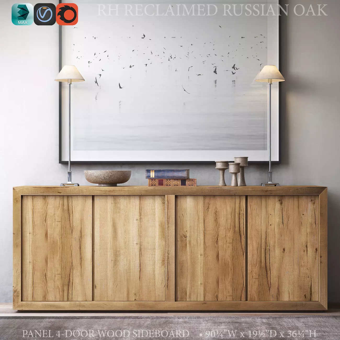 RECLAIMED RUSSIAN OAK PANEL 4-DOOR WOOD SIDEBOARD 3D model_0
