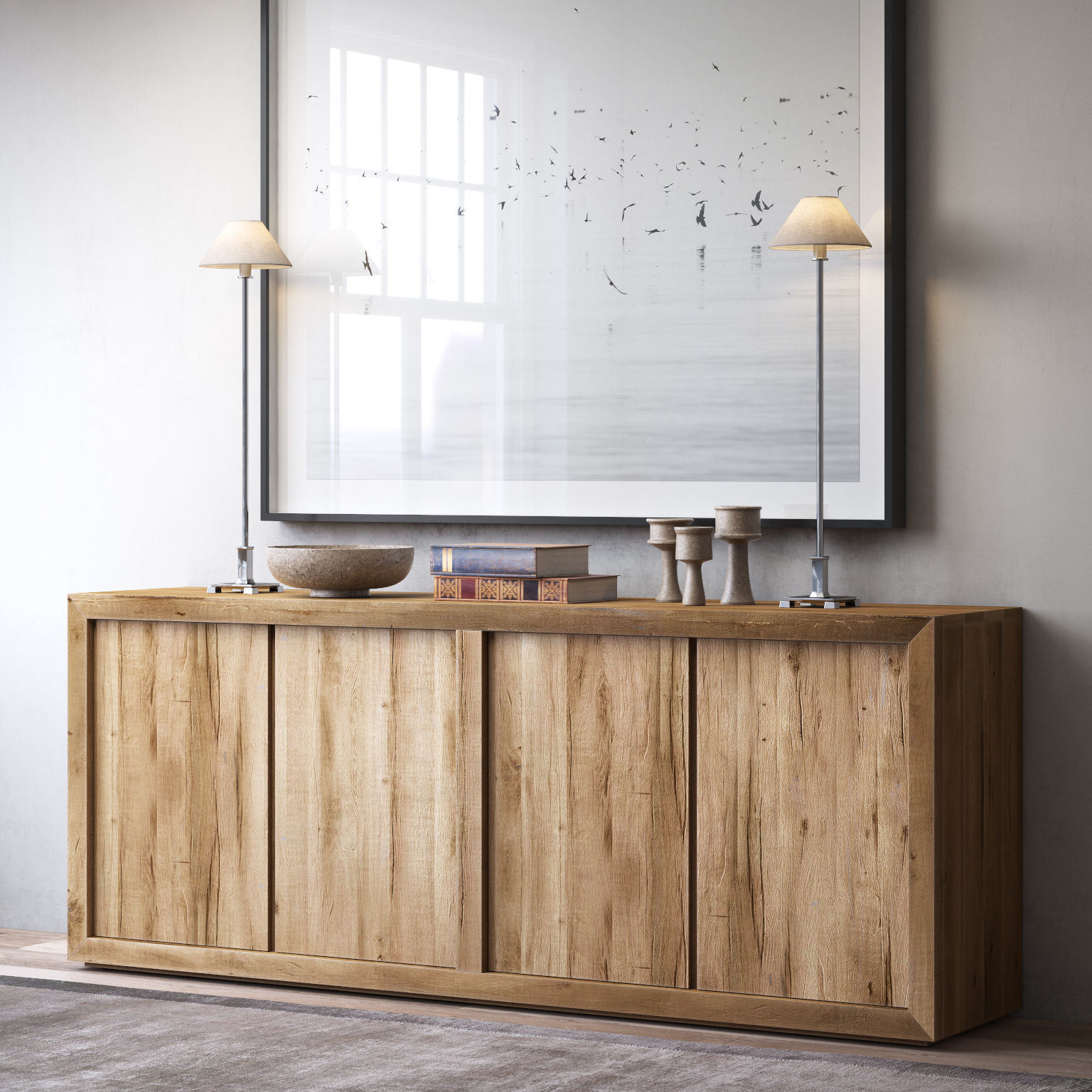 RECLAIMED RUSSIAN OAK PANEL 4-DOOR WOOD SIDEBOARD 3D model_1