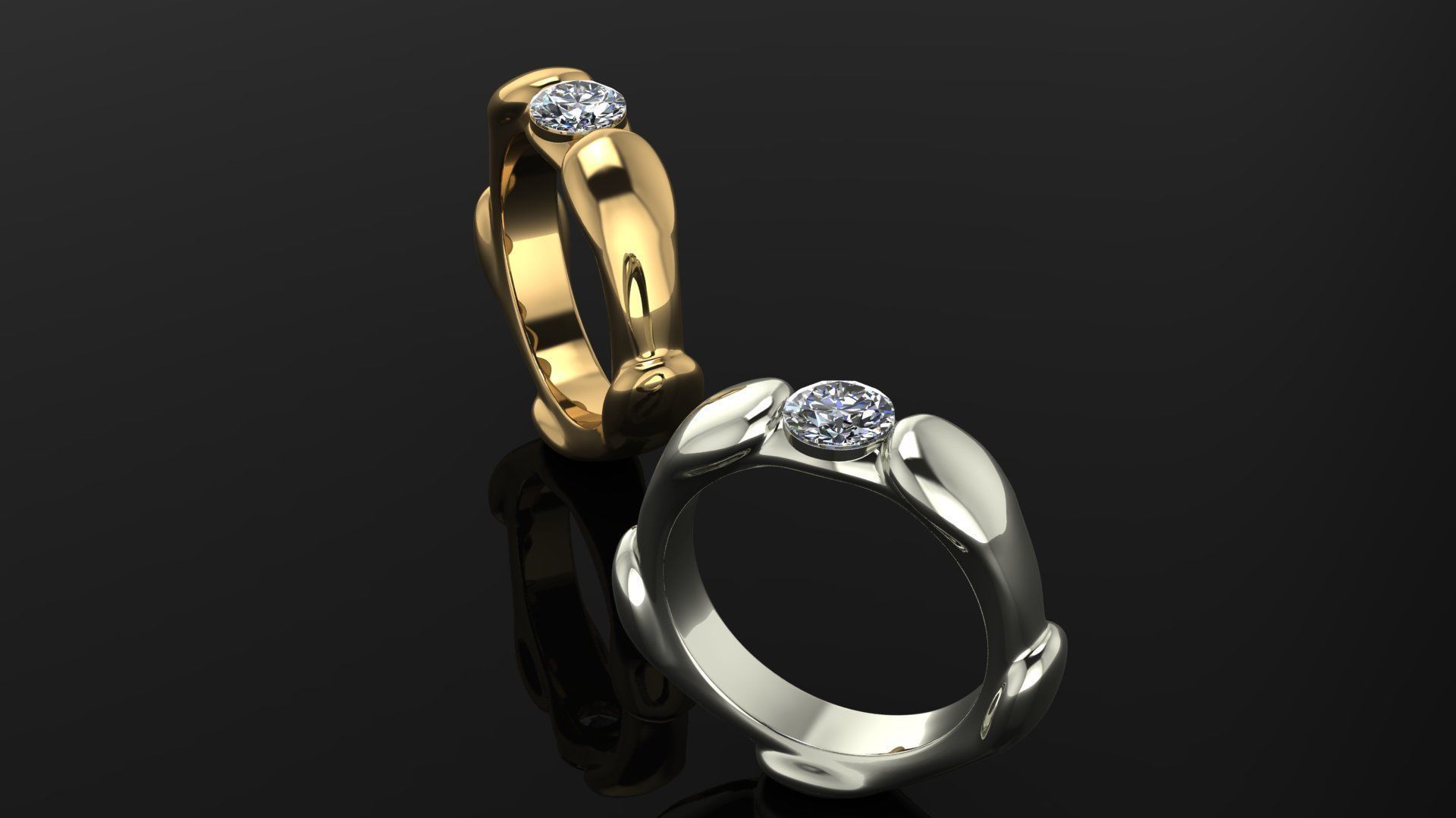 Ring two gold and silver rings with diamond in middle 3D print model_1