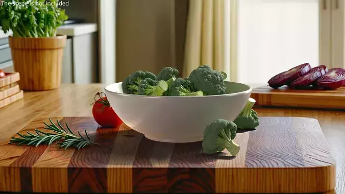 Cut Broccoli Florets in Bowl Green 3D model 2