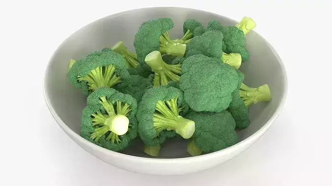 Cut Broccoli Florets in Bowl Green 3D model 3