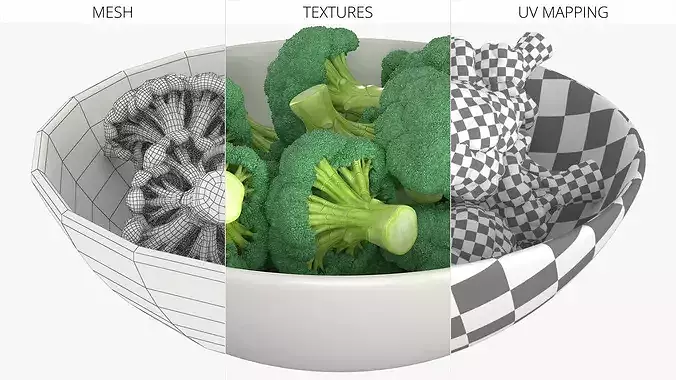 Cut Broccoli Florets in Bowl Green 3D model 5