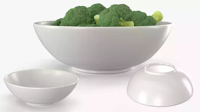 Cut Broccoli Florets in Bowl Green 3D model
