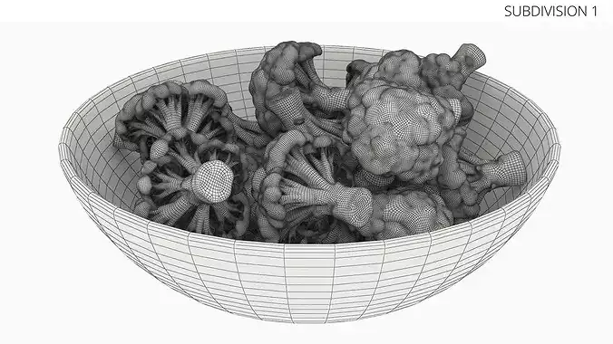 Cut Broccoli Florets in Bowl Green 3D model 7