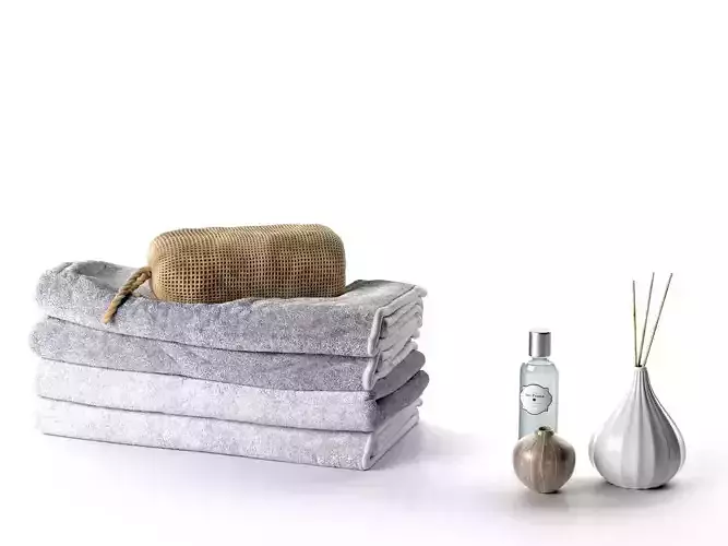 Stack of Towels with Bag Perfume and Vase 3D model