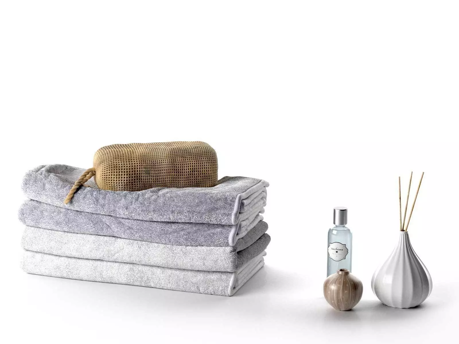 Stack of Towels with Bag Perfume and Vase 3D model_0
