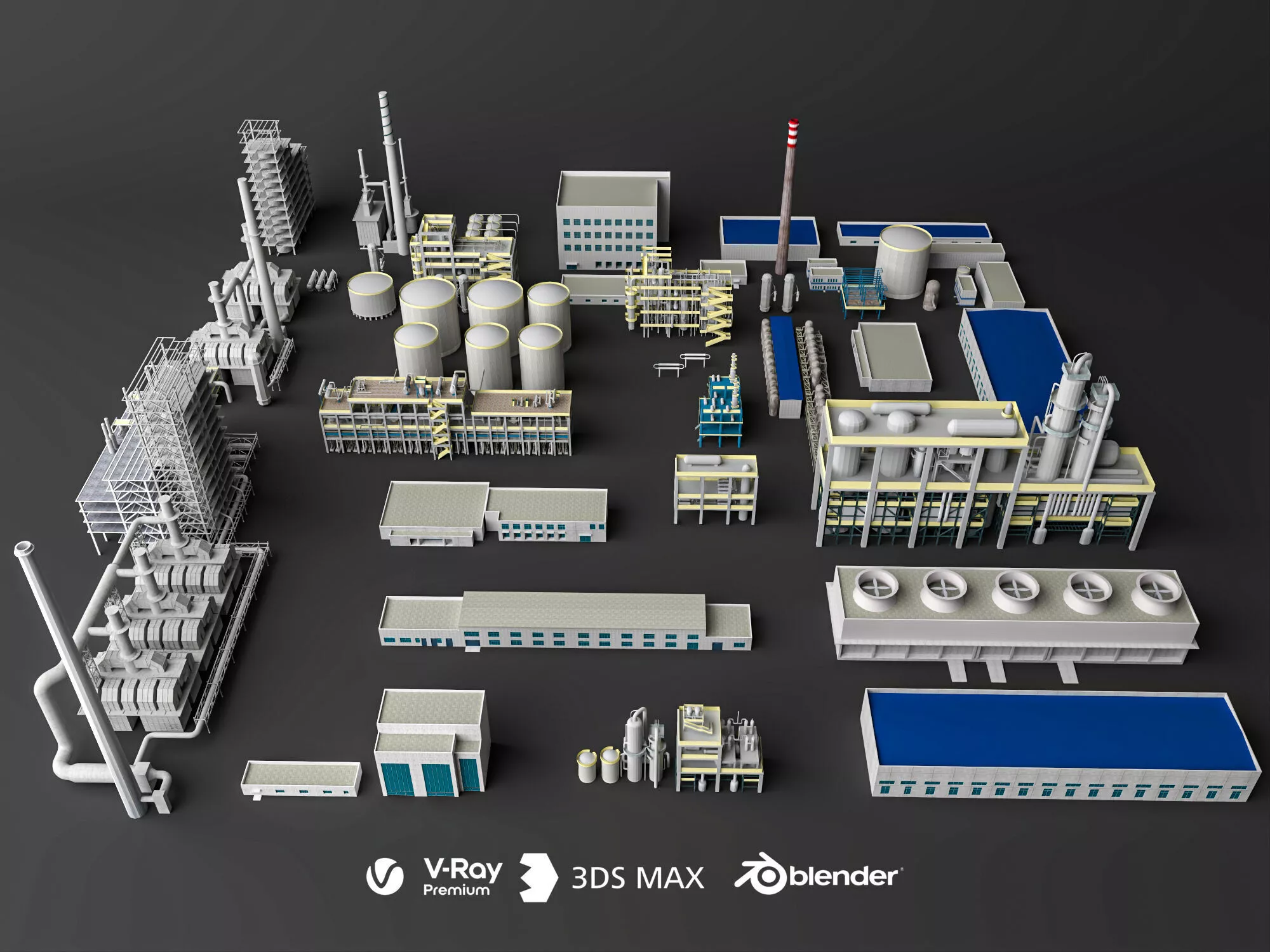 Chemical Plant Industrial Building Equipment Asset Pack 3D model