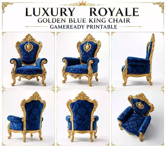 Luxury Royale Golden Blue King Chair For Medieval King Throne 3D model