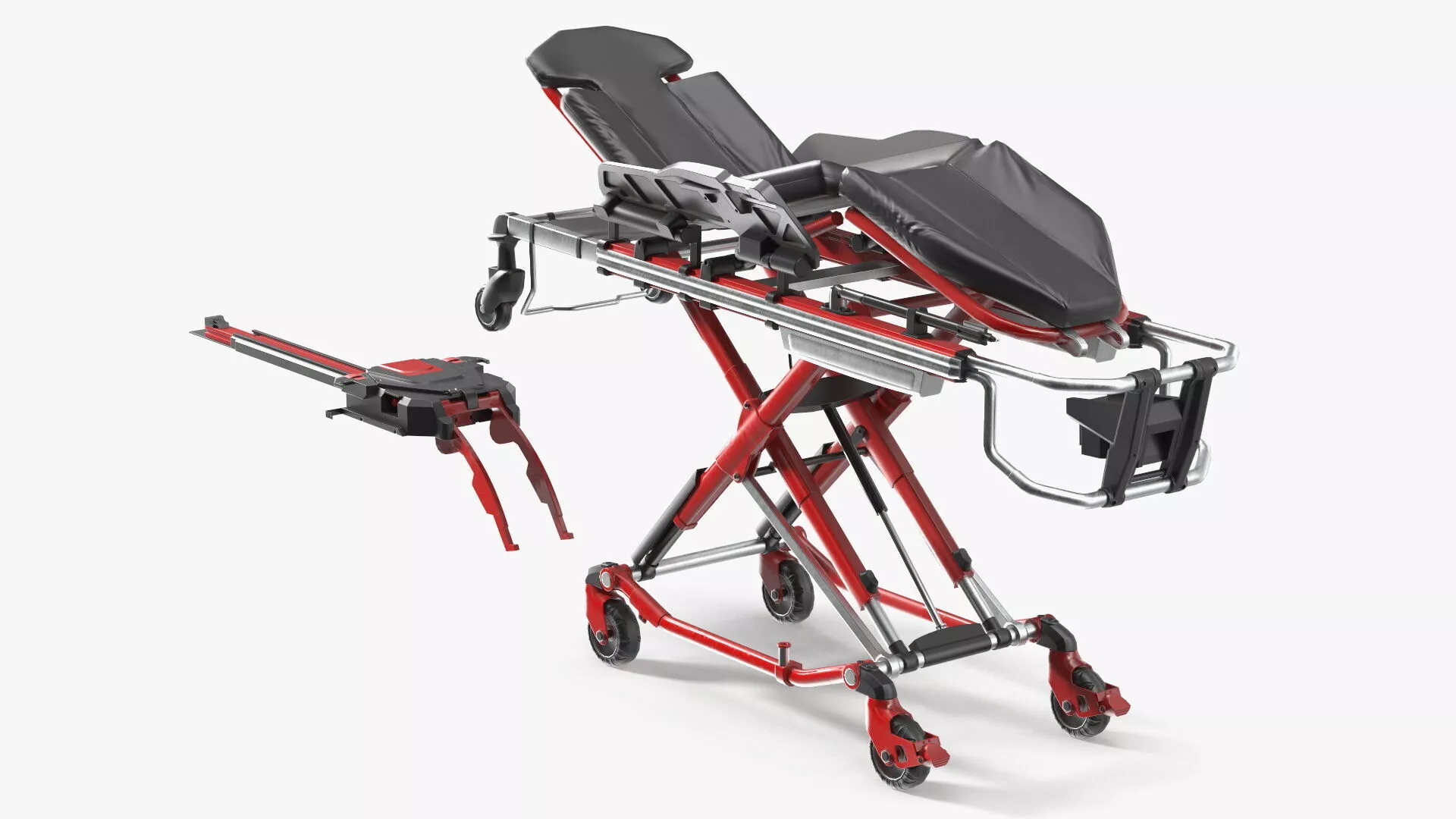 Automatic Medical Cot With Loading Guide Black Red Rigged 3D model